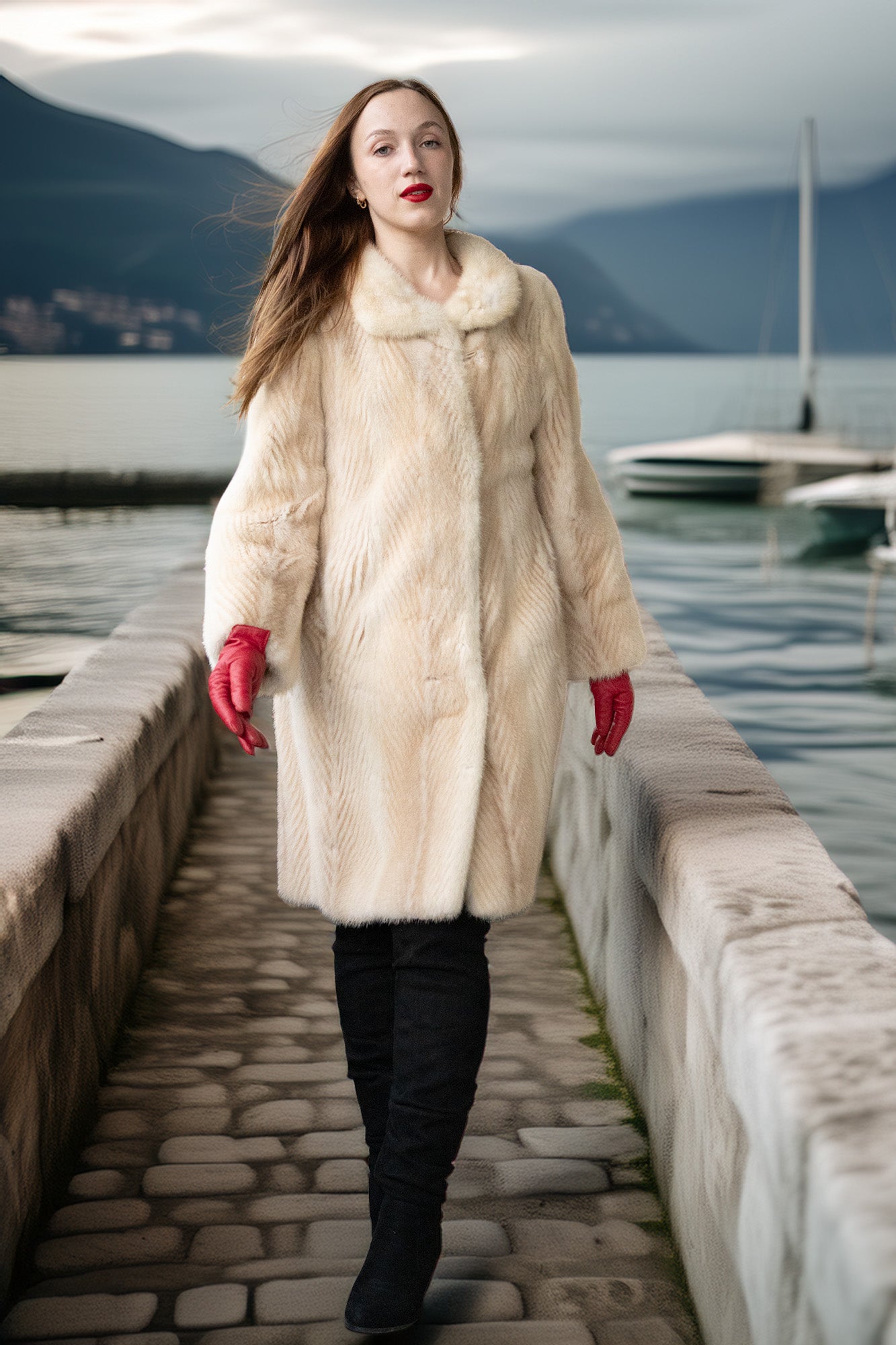 Ivory mink coat with textured front and full-length cut, red gloves