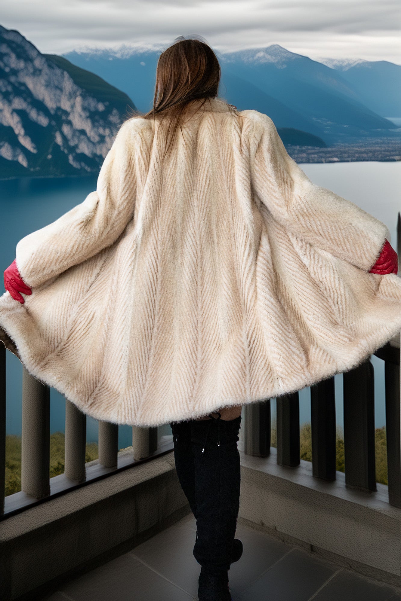 Ivory mink coat back view with wide, flared hem and red gloves
