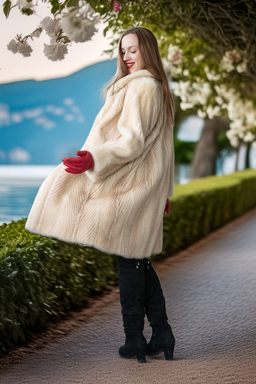 Ivory mink coat with plush collar, long sleeves, red gloves