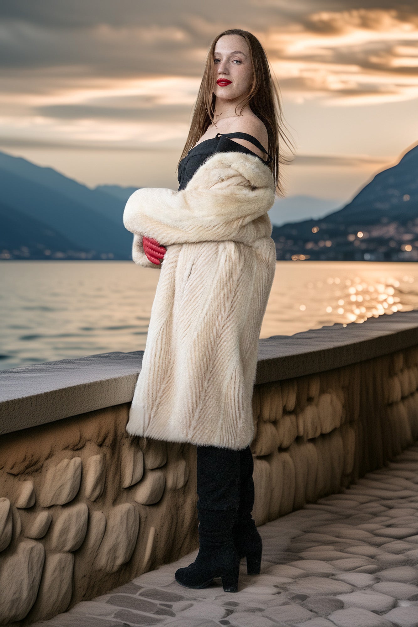 Ivory mink coat with thick collar and red gloves, mid-thigh length