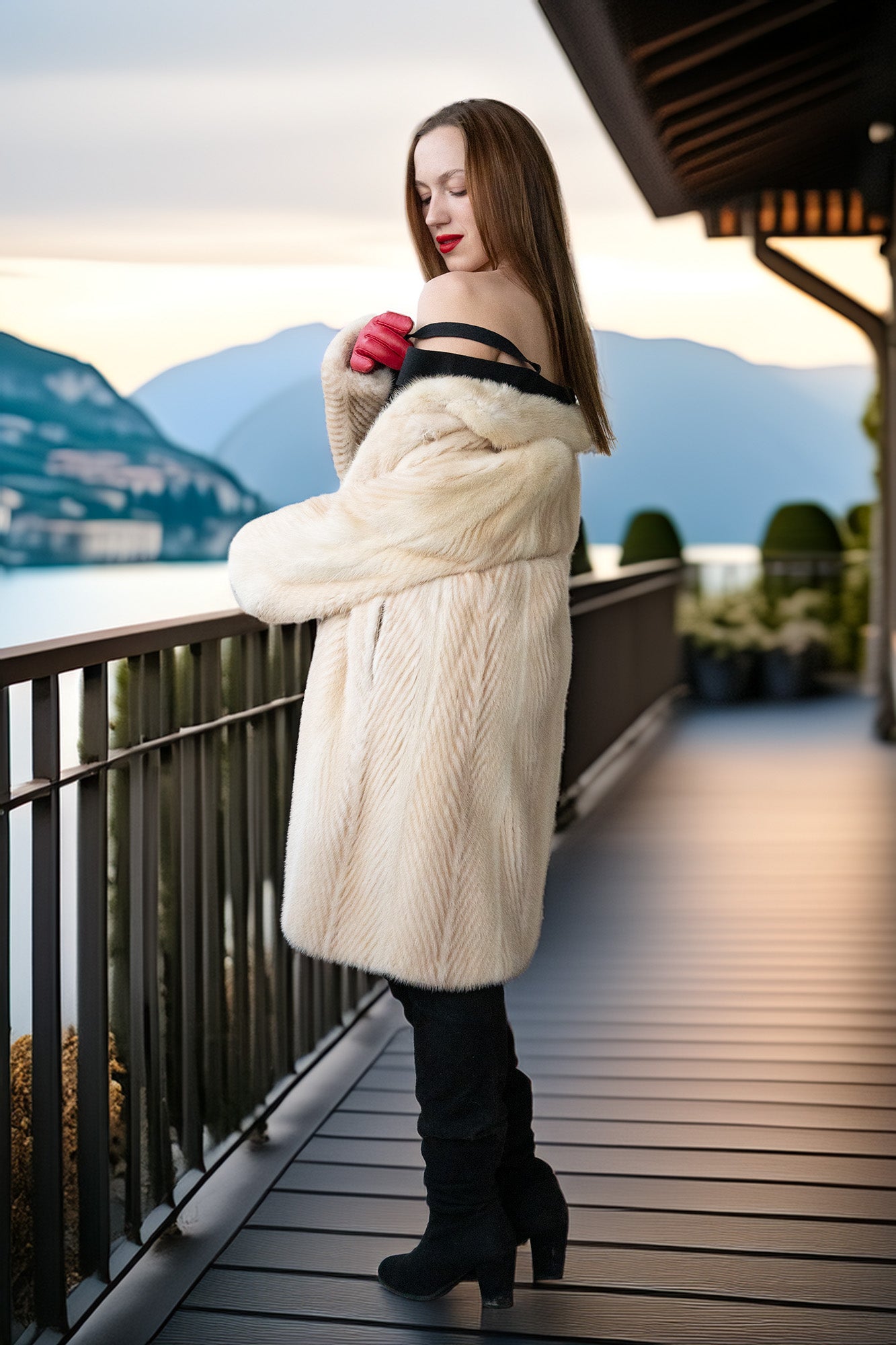Ivory mink coat, side view with plush texture and draped open-front look.