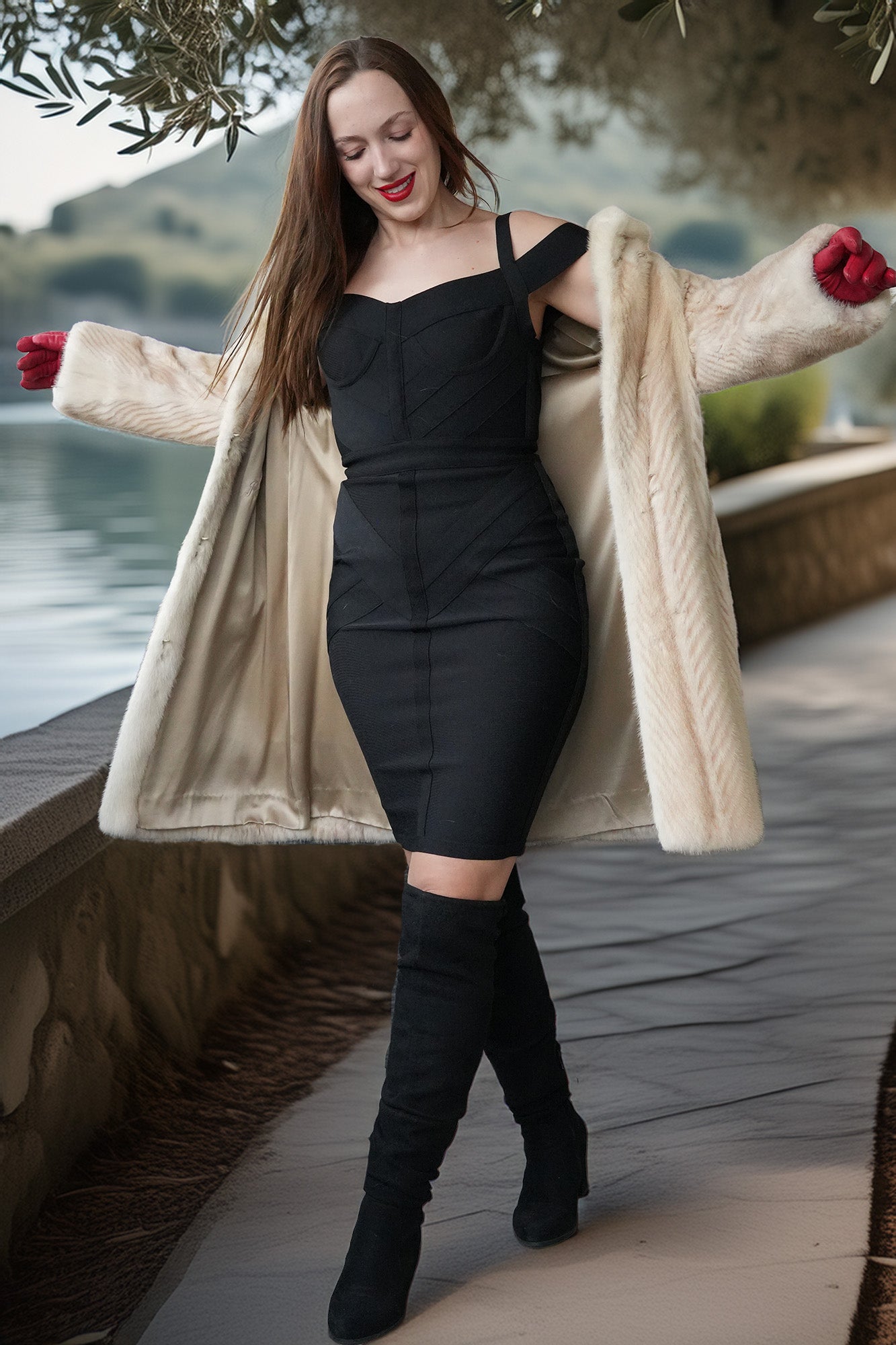 Ivory faux mink coat draped over shoulders with open front and wide collar