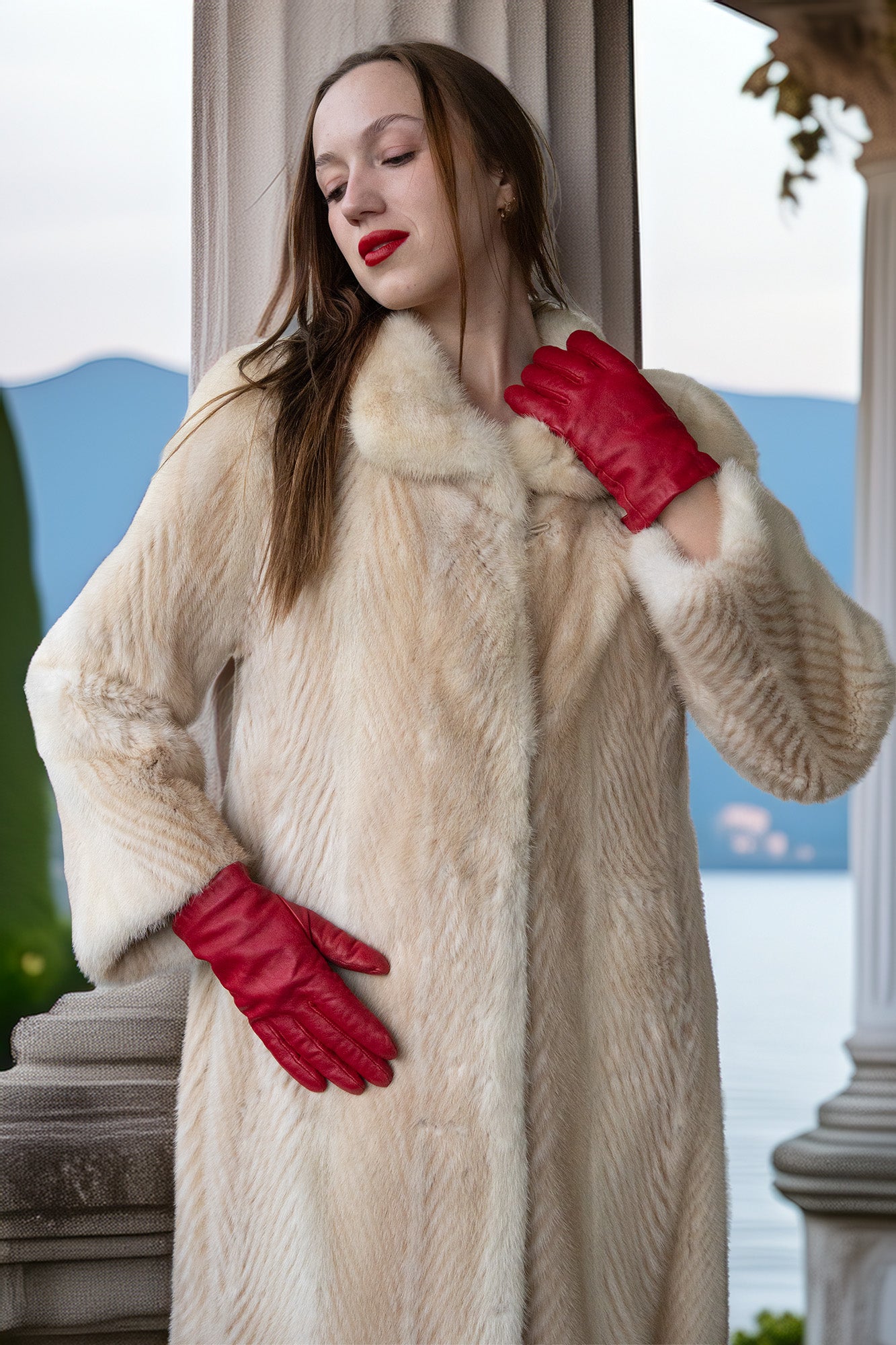 Ivory faux mink coat close-up on collar and sleeves, soft textured fur finish