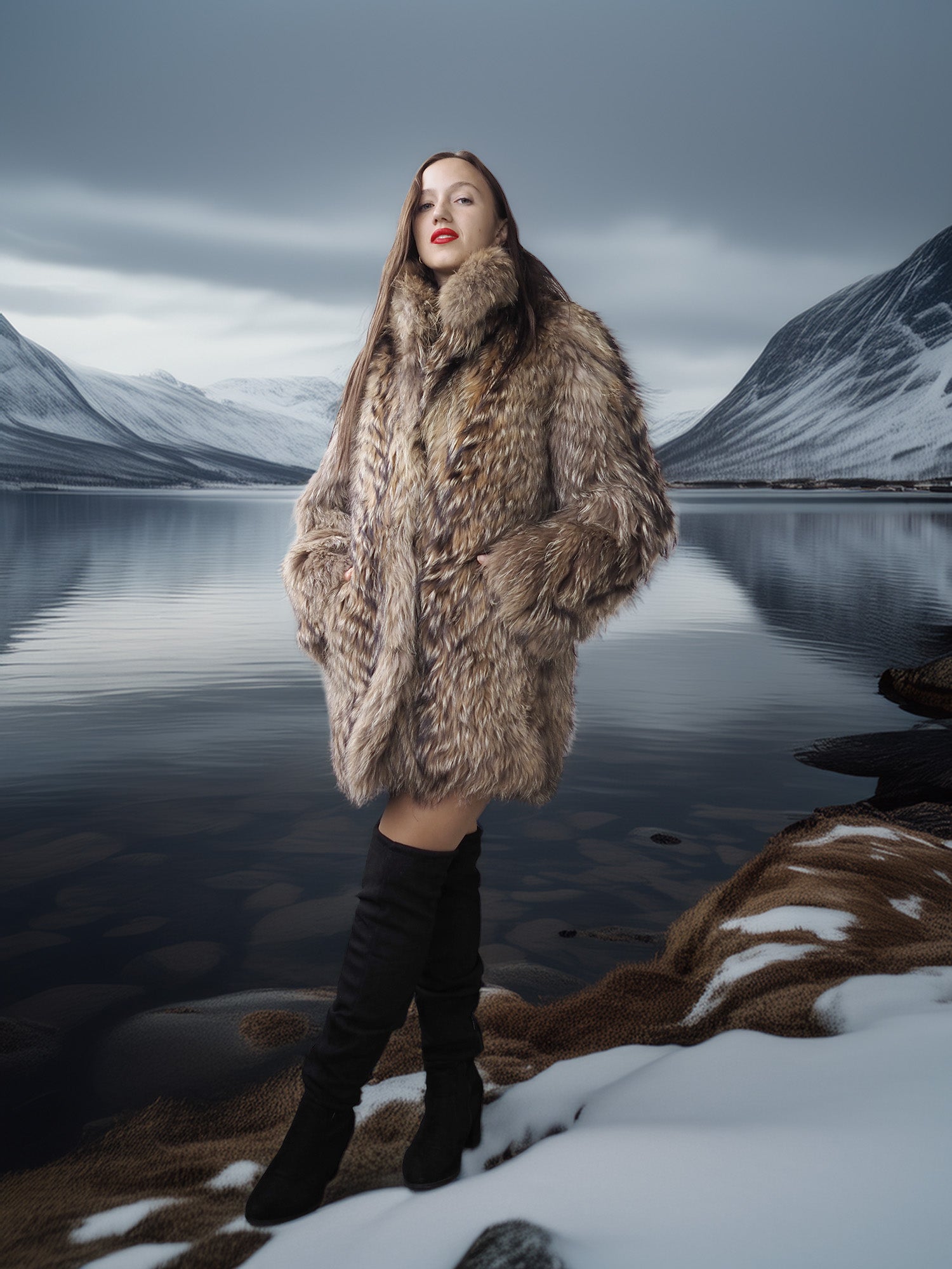 “The Storm Muse” — Raccoon Fur Jacket with Voluminous Collar & Arctic Allure