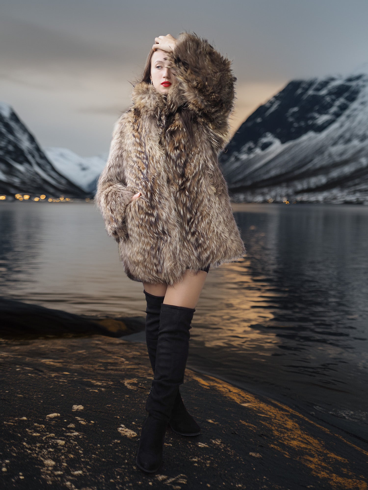 “The Storm Muse” — Raccoon Fur Jacket with Voluminous Collar & Arctic Allure