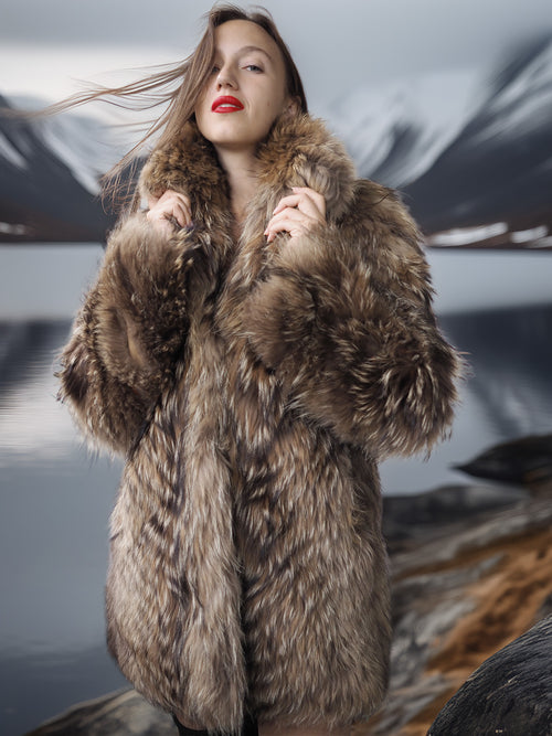 “The Storm Muse” — Raccoon Fur Jacket with Voluminous Collar & Arctic Allure
