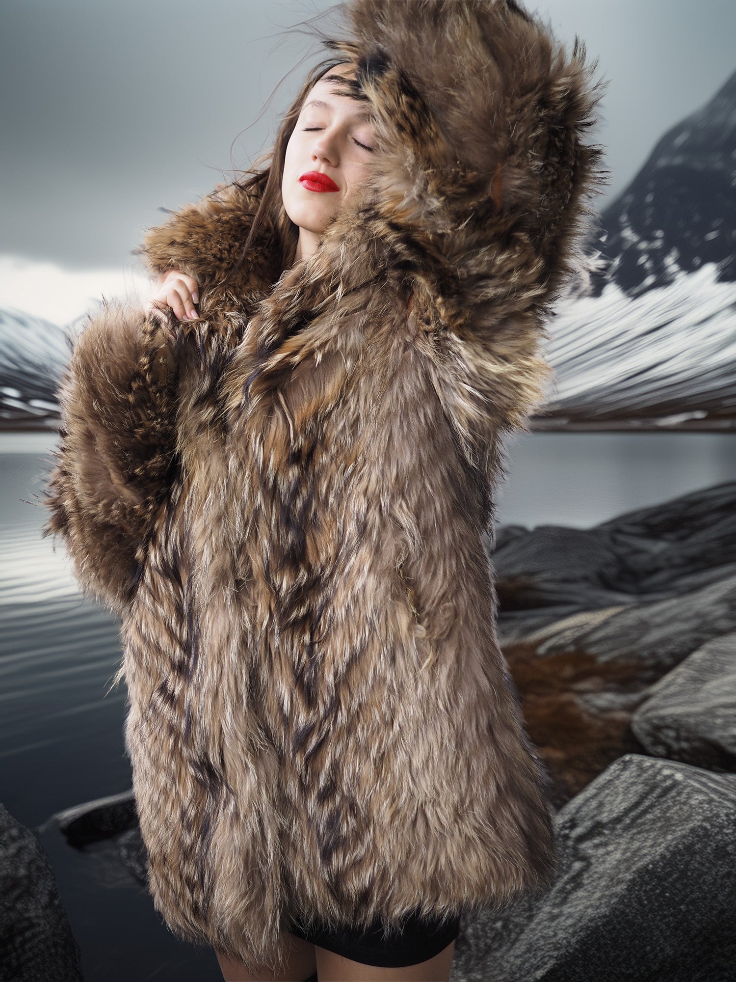 “The Storm Muse” — Raccoon Fur Jacket with Voluminous Collar & Arctic Allure