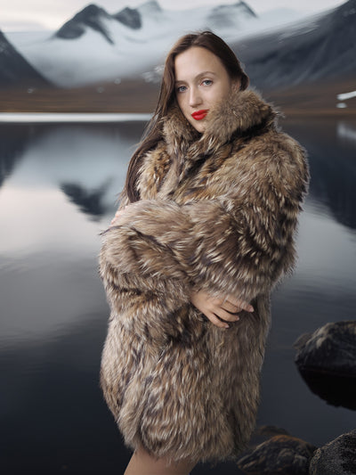 “The Storm Muse” — Raccoon Fur Jacket with Voluminous Collar & Arctic Allure