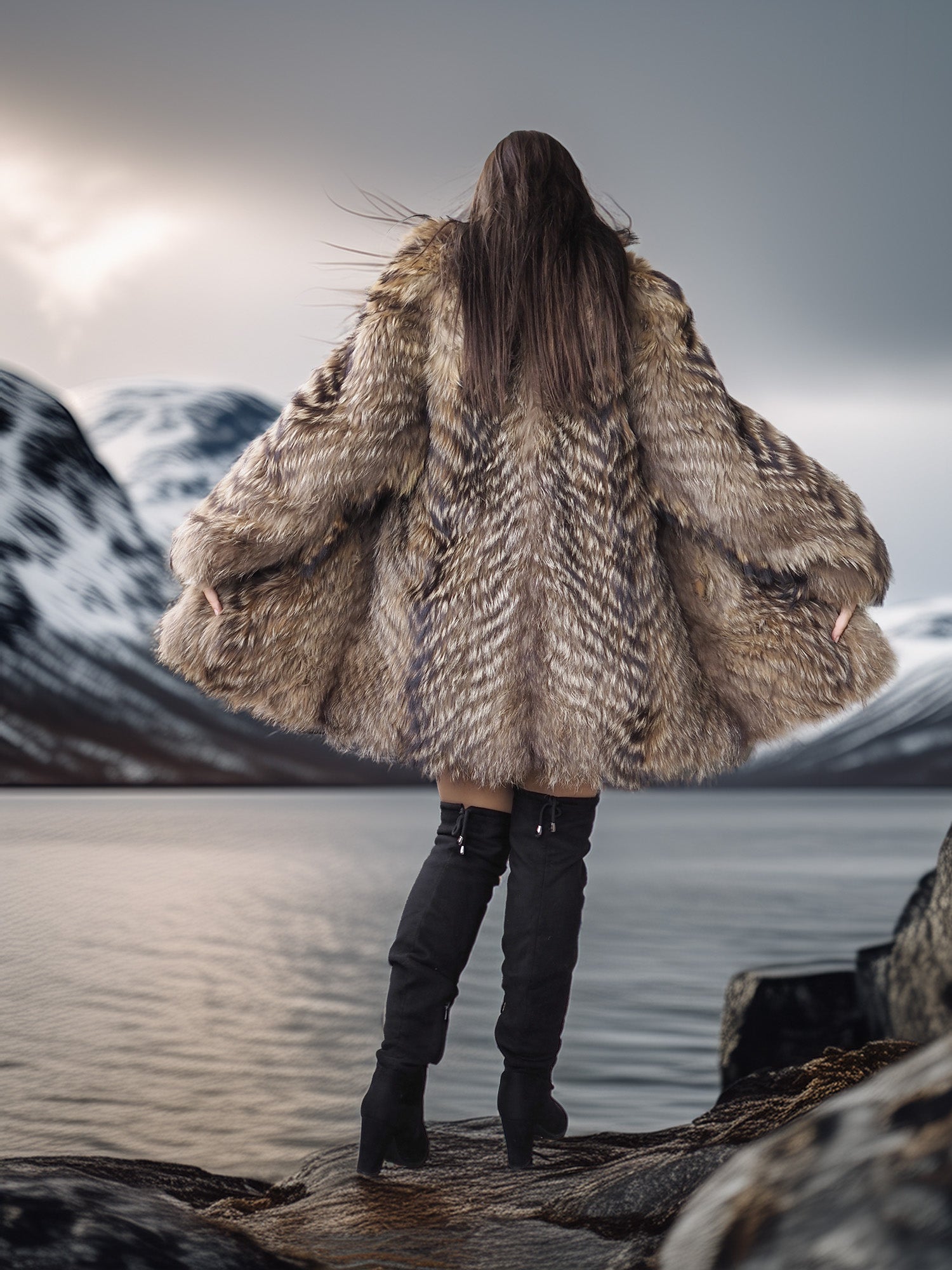 “The Storm Muse” — Raccoon Fur Jacket with Voluminous Collar & Arctic Allure