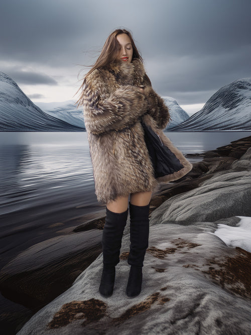 “The Storm Muse” — Raccoon Fur Jacket with Voluminous Collar & Arctic Allure
