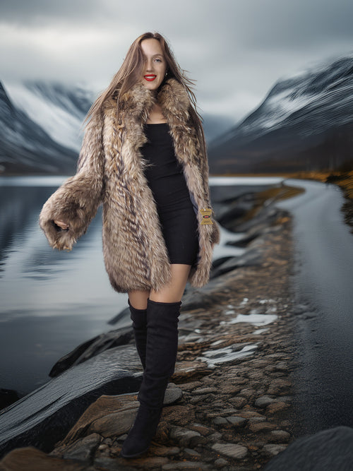 “The Storm Muse” — Raccoon Fur Jacket with Voluminous Collar & Arctic Allure