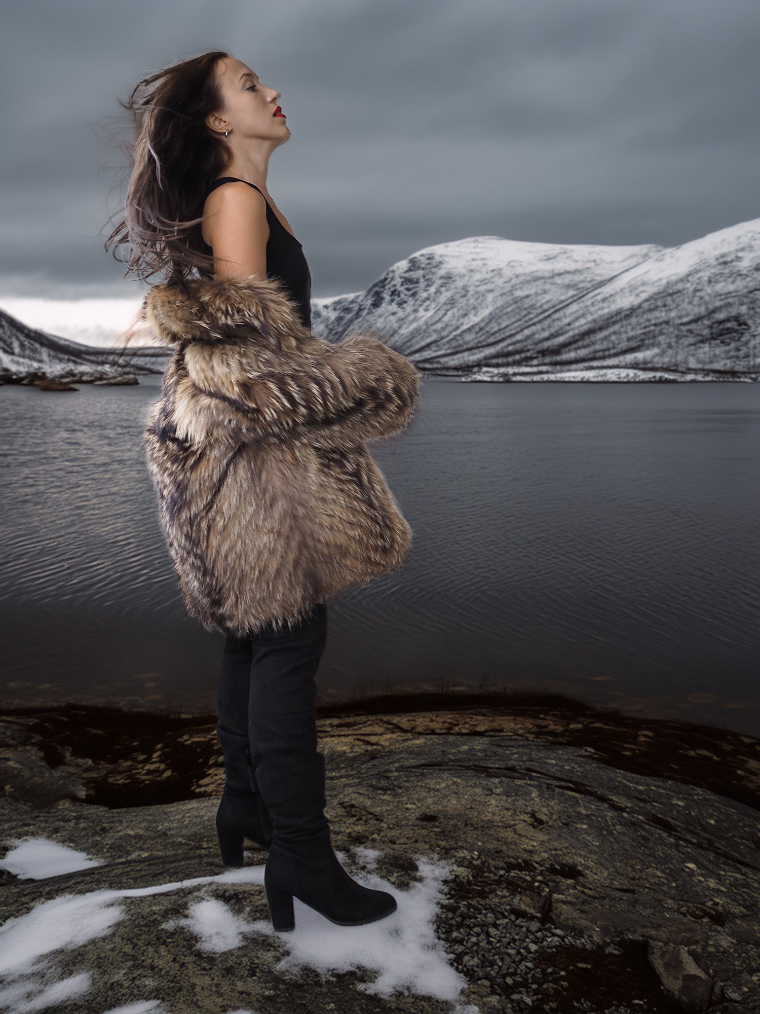 “The Storm Muse” — Raccoon Fur Jacket with Voluminous Collar & Arctic Allure