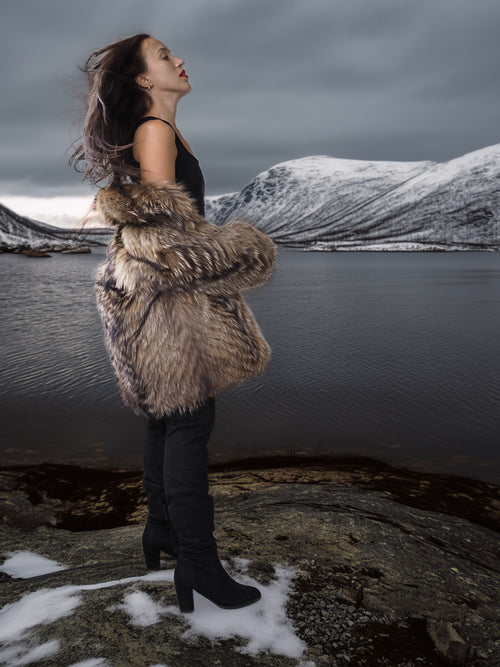 “The Storm Muse” — Raccoon Fur Jacket with Voluminous Collar & Arctic Allure