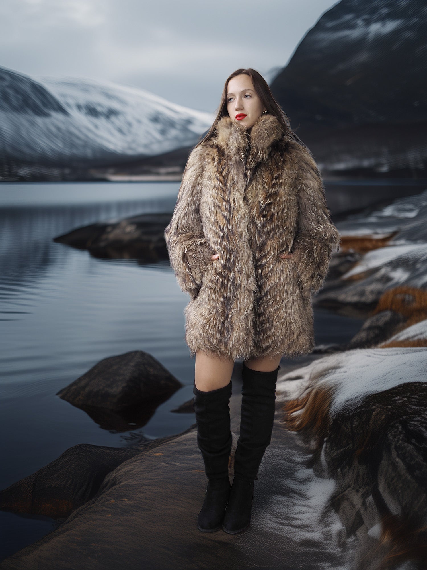 “The Storm Muse” — Raccoon Fur Jacket with Voluminous Collar & Arctic Allure