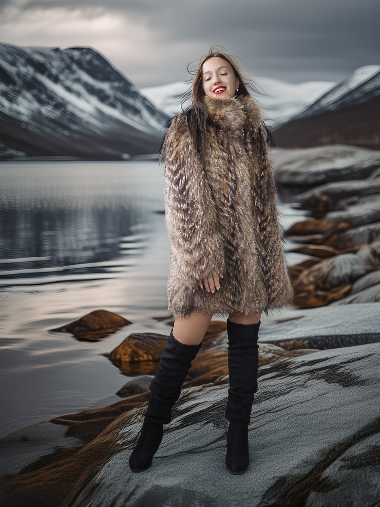 “The Storm Muse” — Raccoon Fur Jacket with Voluminous Collar & Arctic Allure