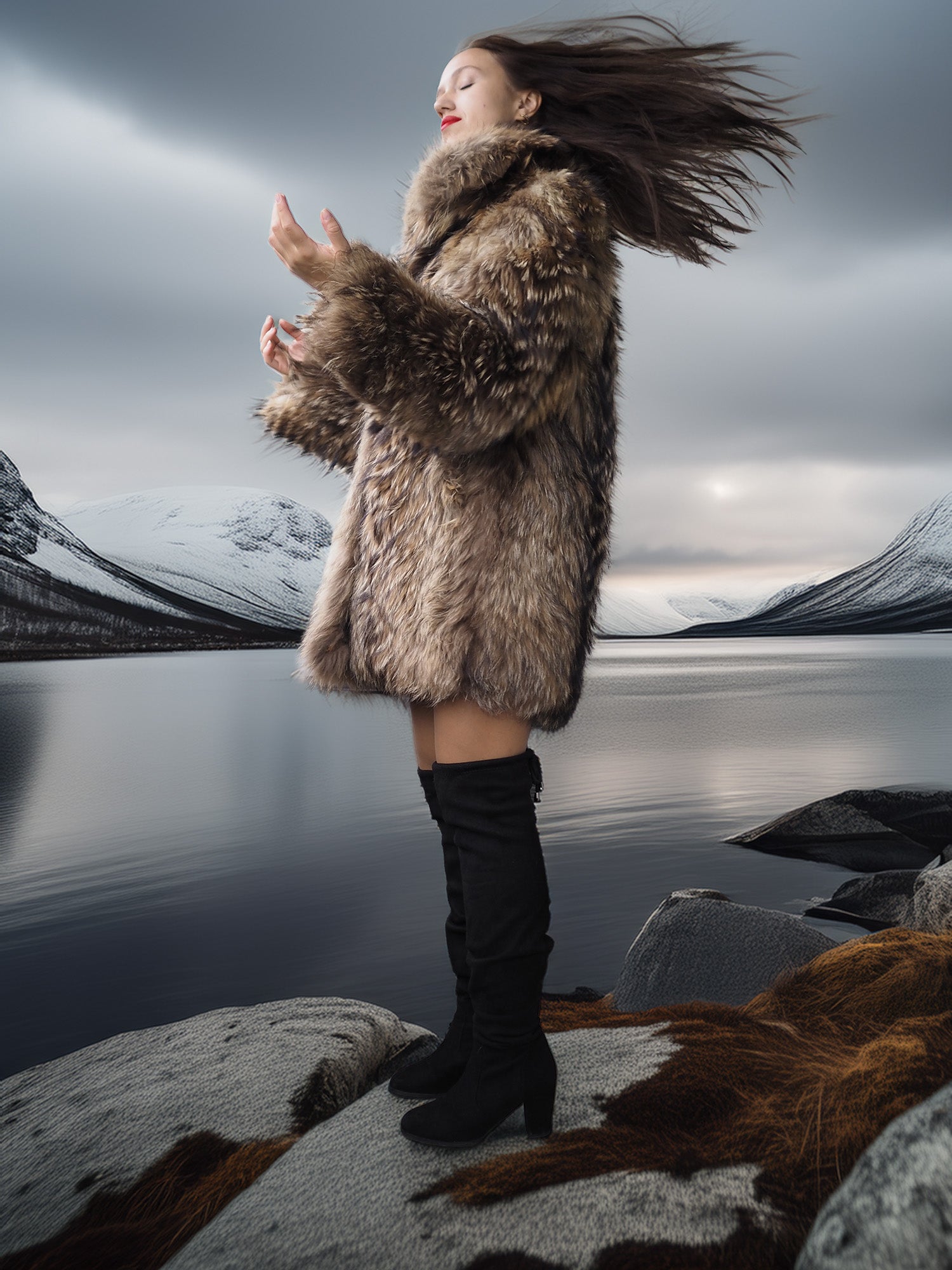 “The Storm Muse” — Raccoon Fur Jacket with Voluminous Collar & Arctic Allure