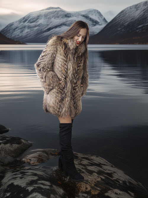 “The Storm Muse” — Raccoon Fur Jacket with Voluminous Collar & Arctic Allure