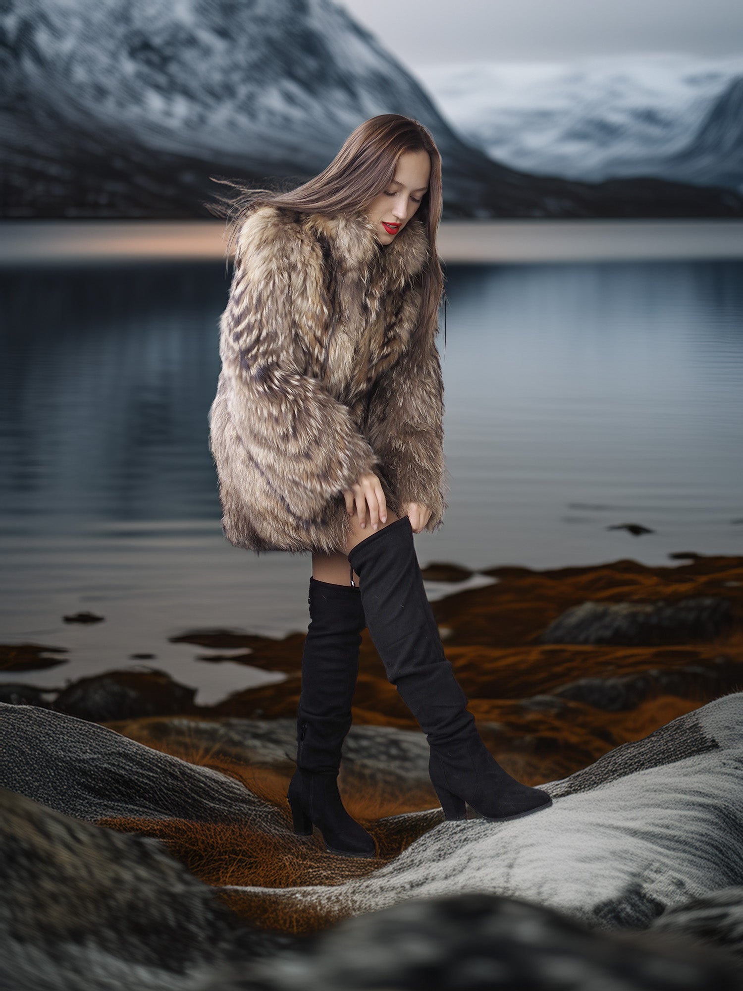 “The Storm Muse” — Raccoon Fur Jacket with Voluminous Collar & Arctic Allure