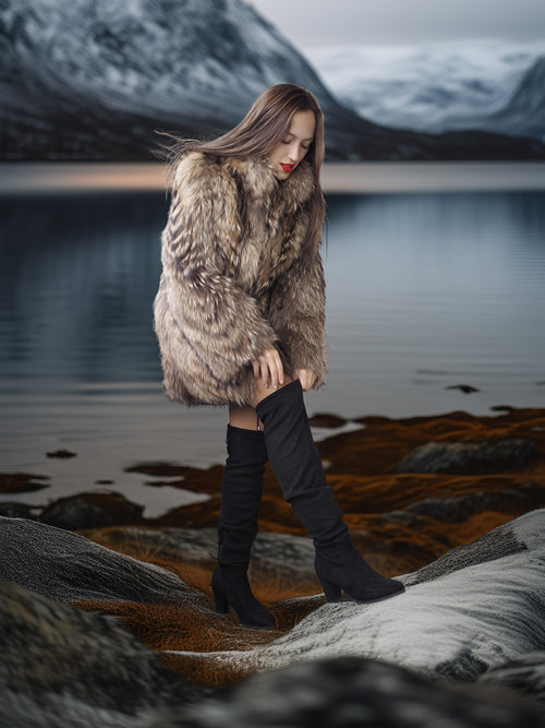“The Storm Muse” — Raccoon Fur Jacket with Voluminous Collar & Arctic Allure