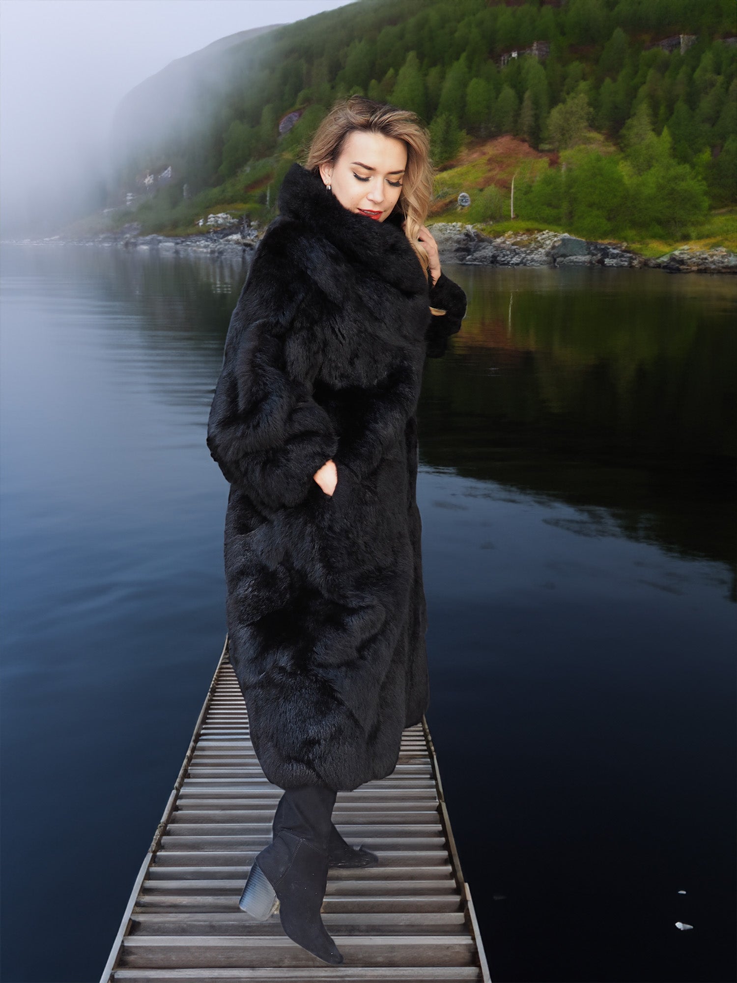 Reversible Plush Black Possum Fur Coat - Water Repellent– Purple ...