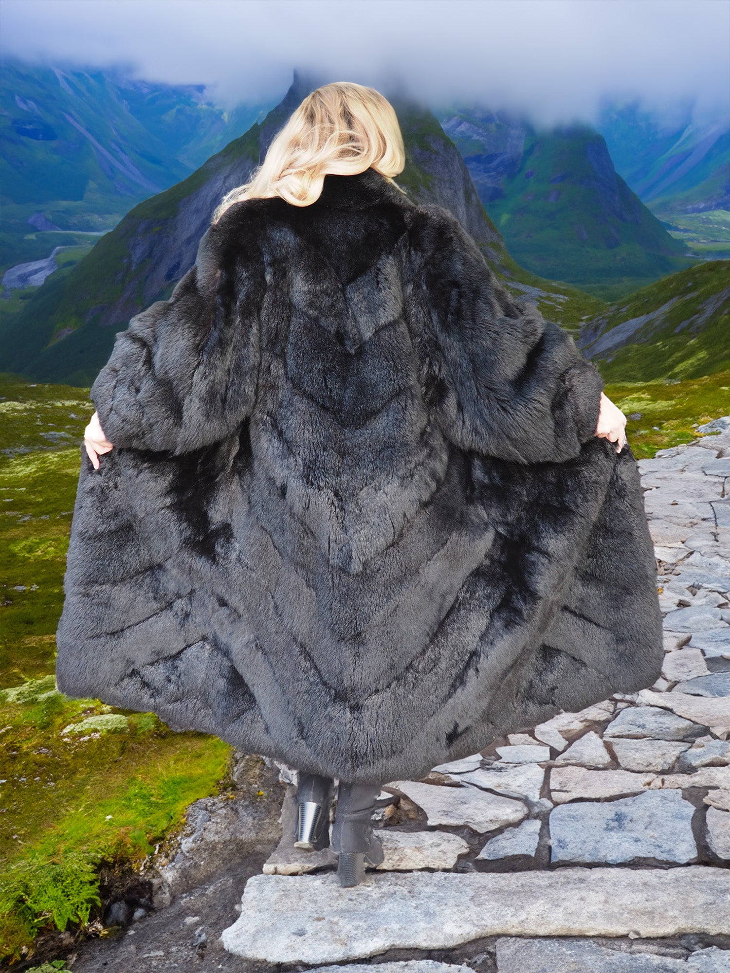 Reversible Plush Black Possum Fur Coat - Water Repellent– Purple ...