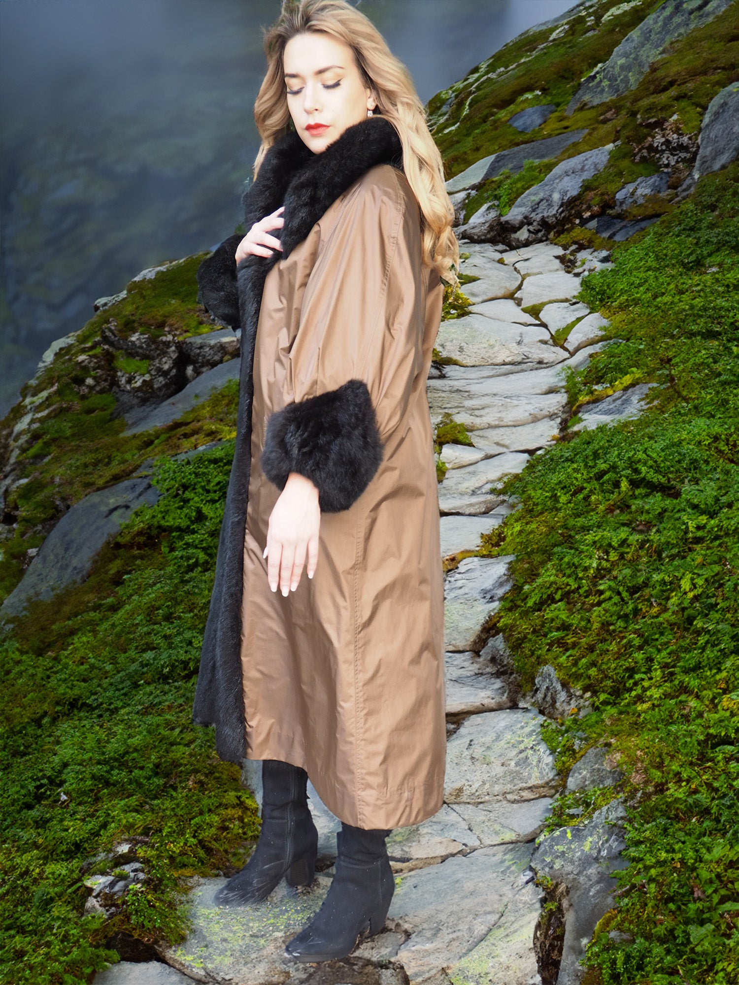 Reversible Plush Black Possum Fur Coat - Water Repellent– Purple ...