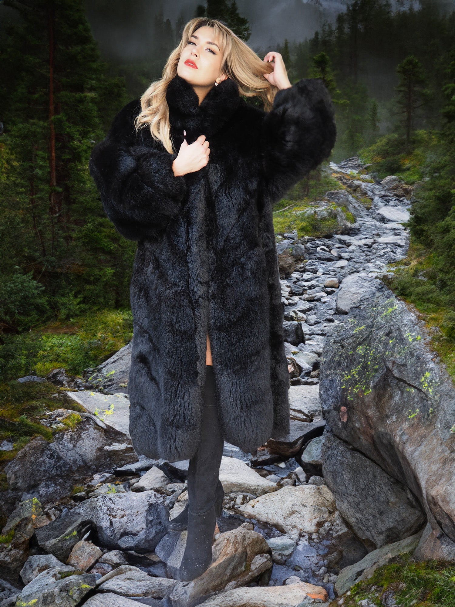Reversible Plush Black Possum Fur Coat - Water Repellent– Purple ...