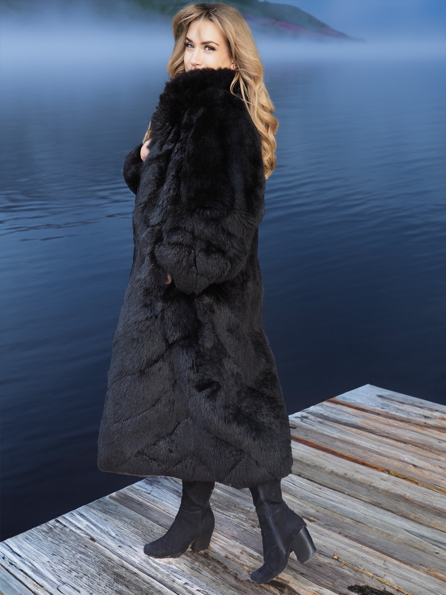 Reversible Plush Black Possum Fur Coat - Water Repellent– Purple ...