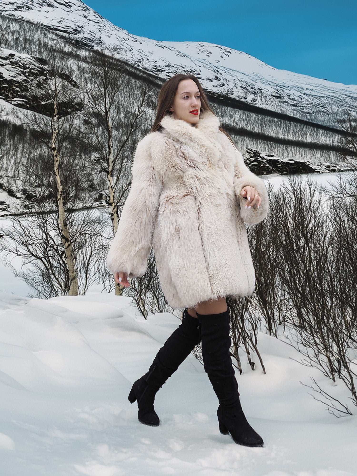 Model walking in snow wearing Soft Plush Blush Fox Jacket S/M, showcasing its full silhouette and premium fox fur design.