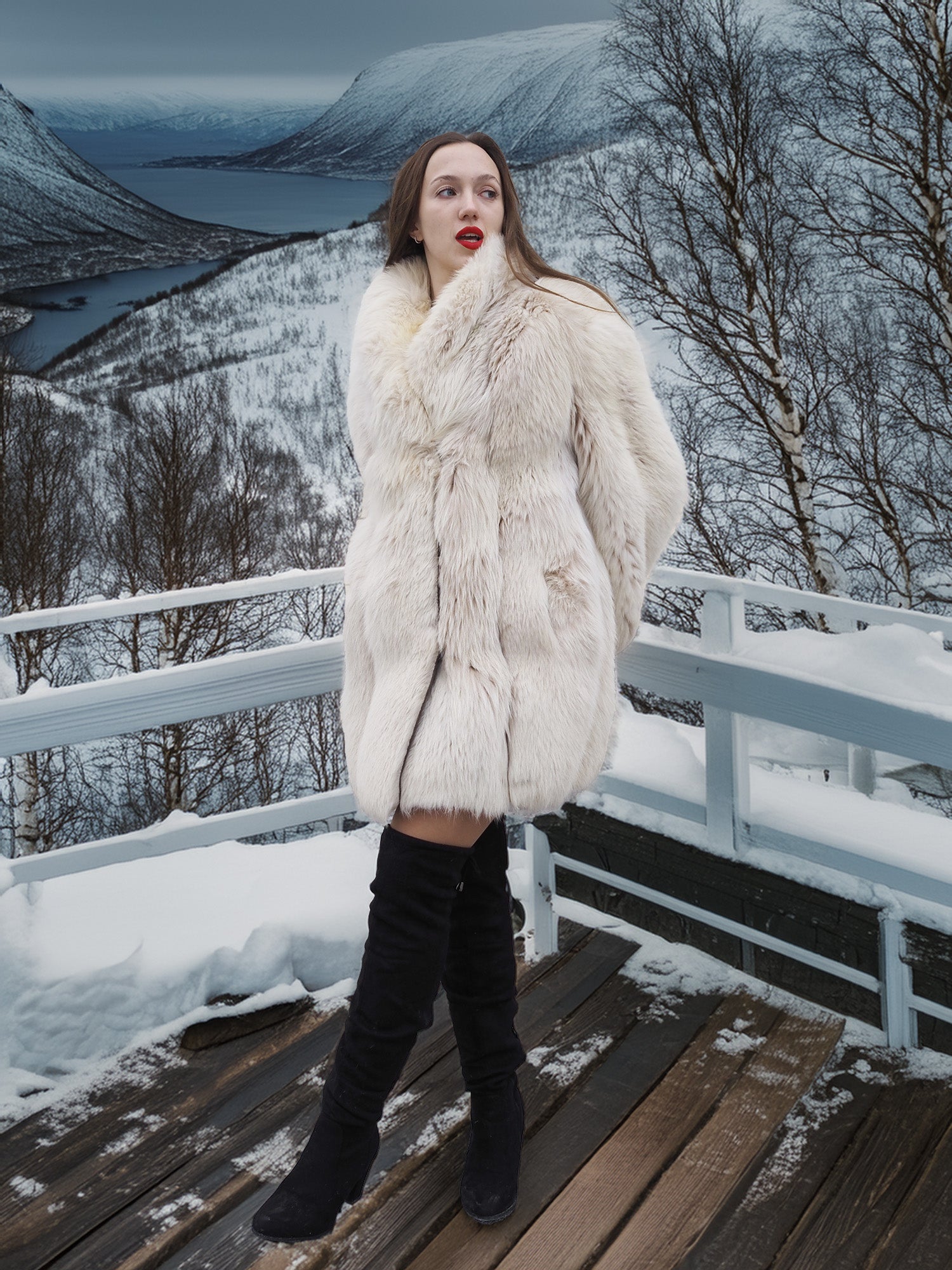 Model posing on balcony in Soft Plush Blush Fox Jacket S/M, highlighting elegant fur texture and stylish winter fashion.