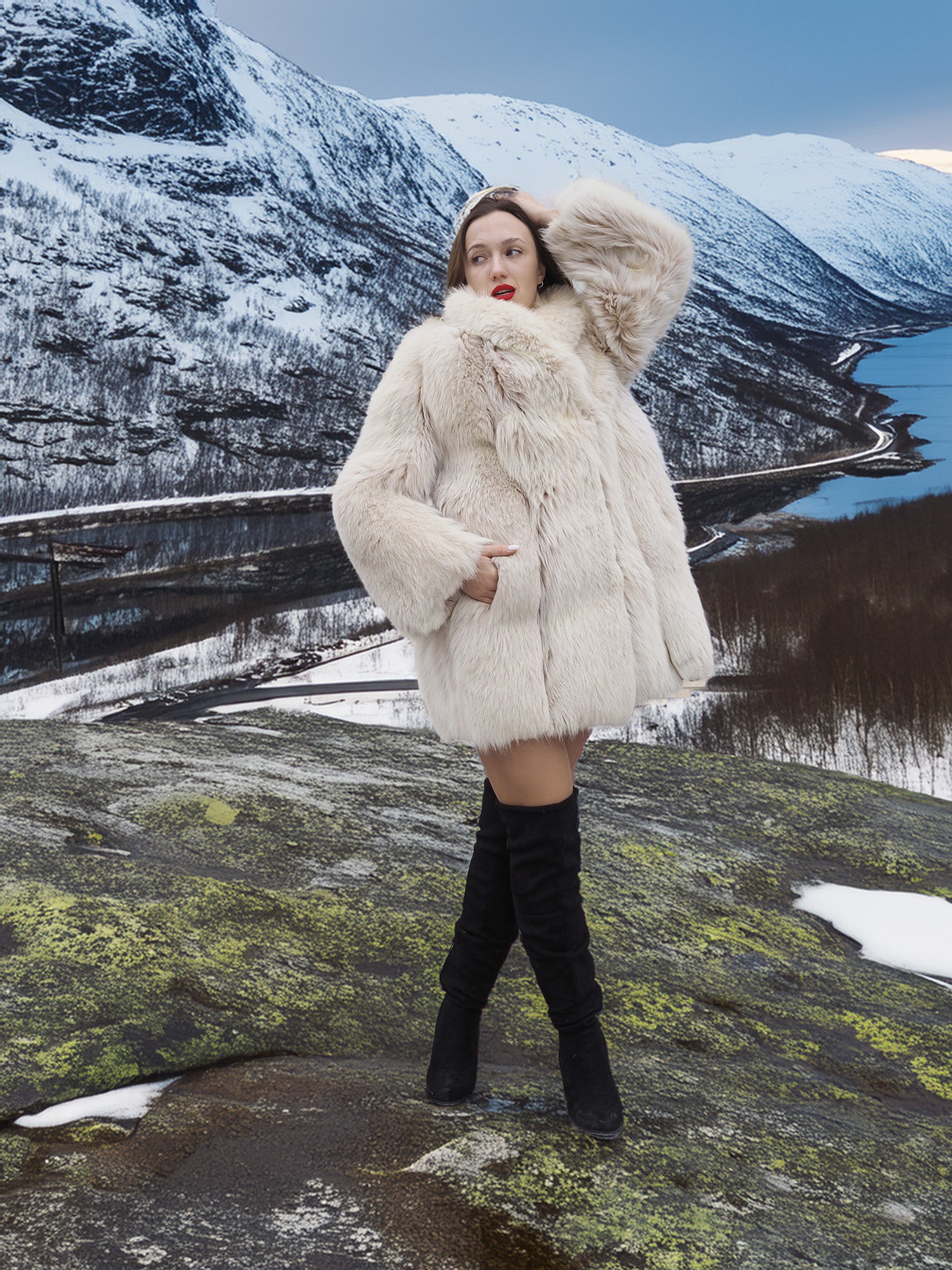 Soft Plush Blush Fox Jacket S/M styled on mountain top, showcasing plush fox fur and elegant silhouette in a snowy setting.