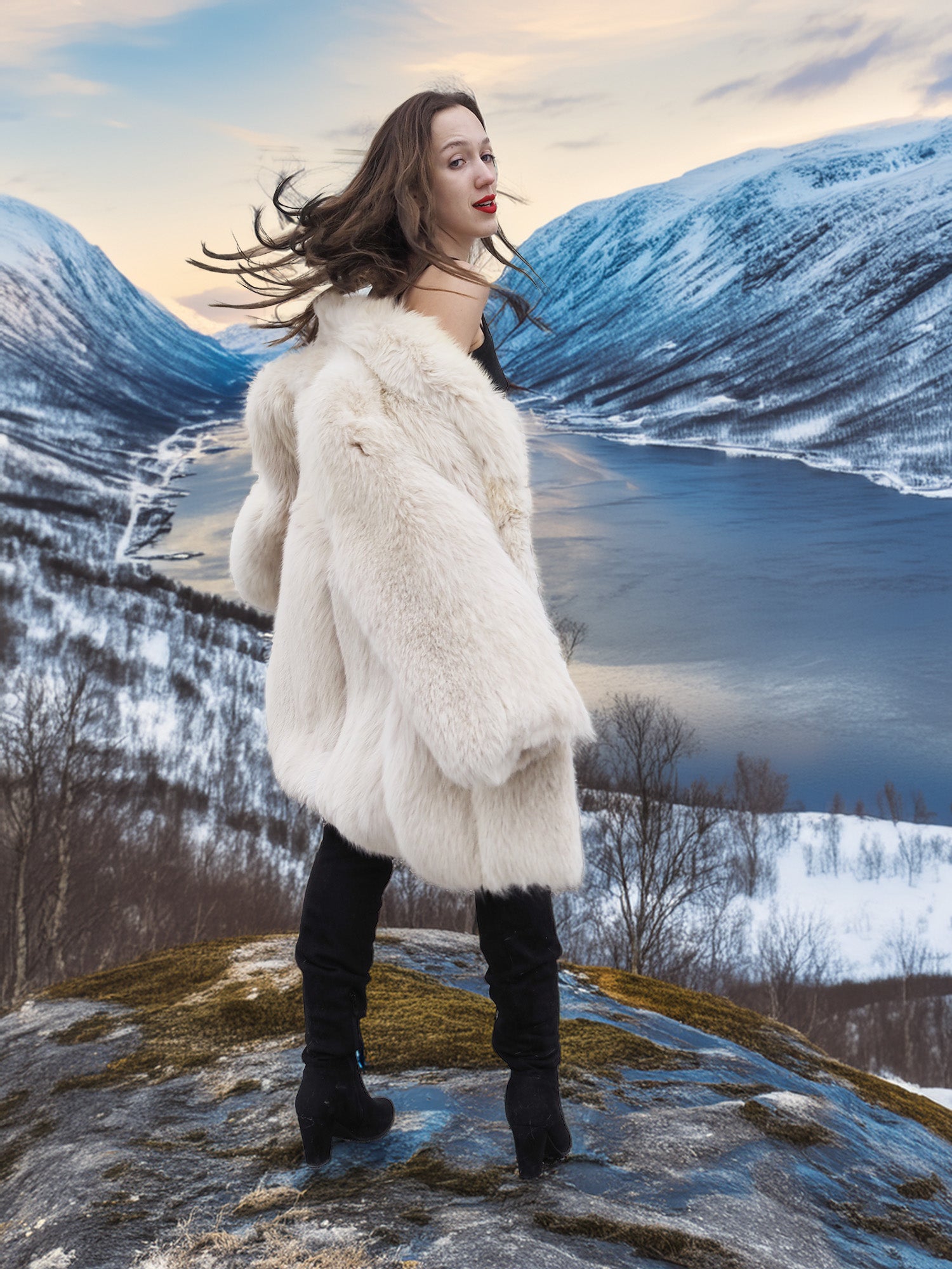 Soft Plush Blush Fox Jacket S/M in motion, emphasizing plush fur and stylish silhouette in a scenic winter landscape.