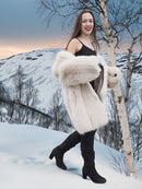 Soft Plush Blush Fox Jacket S/M worn open over black dress, revealing satin lining and plush fur in a snowy mountain setting.