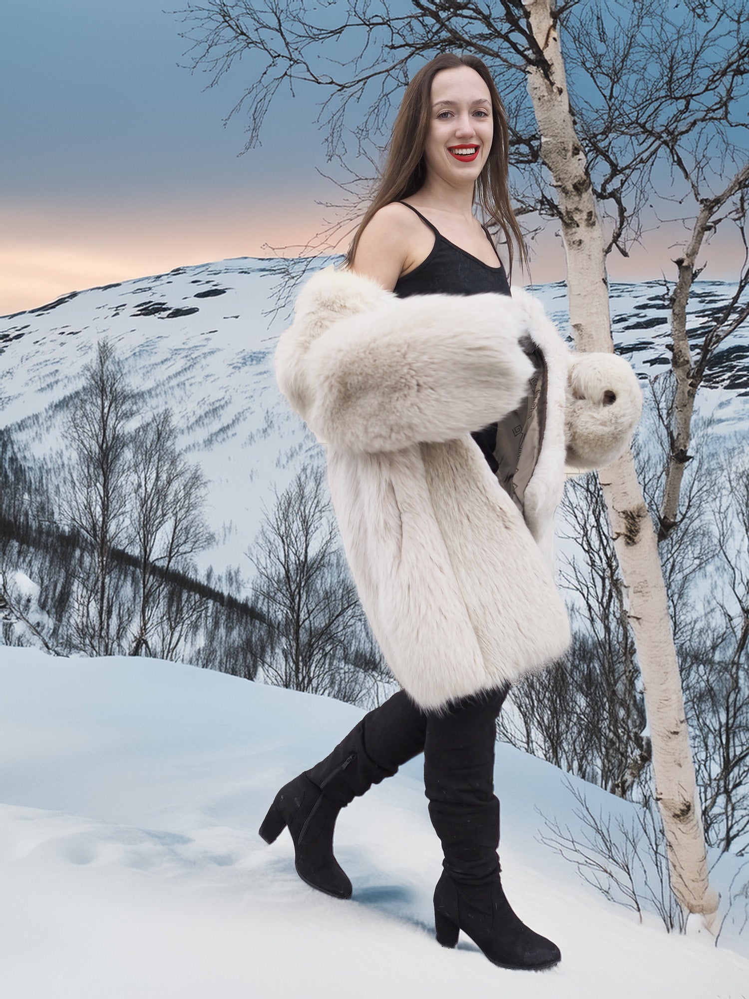 Soft Plush Blush Fox Jacket S/M worn open over black dress, revealing satin lining and plush fur in a snowy mountain setting.