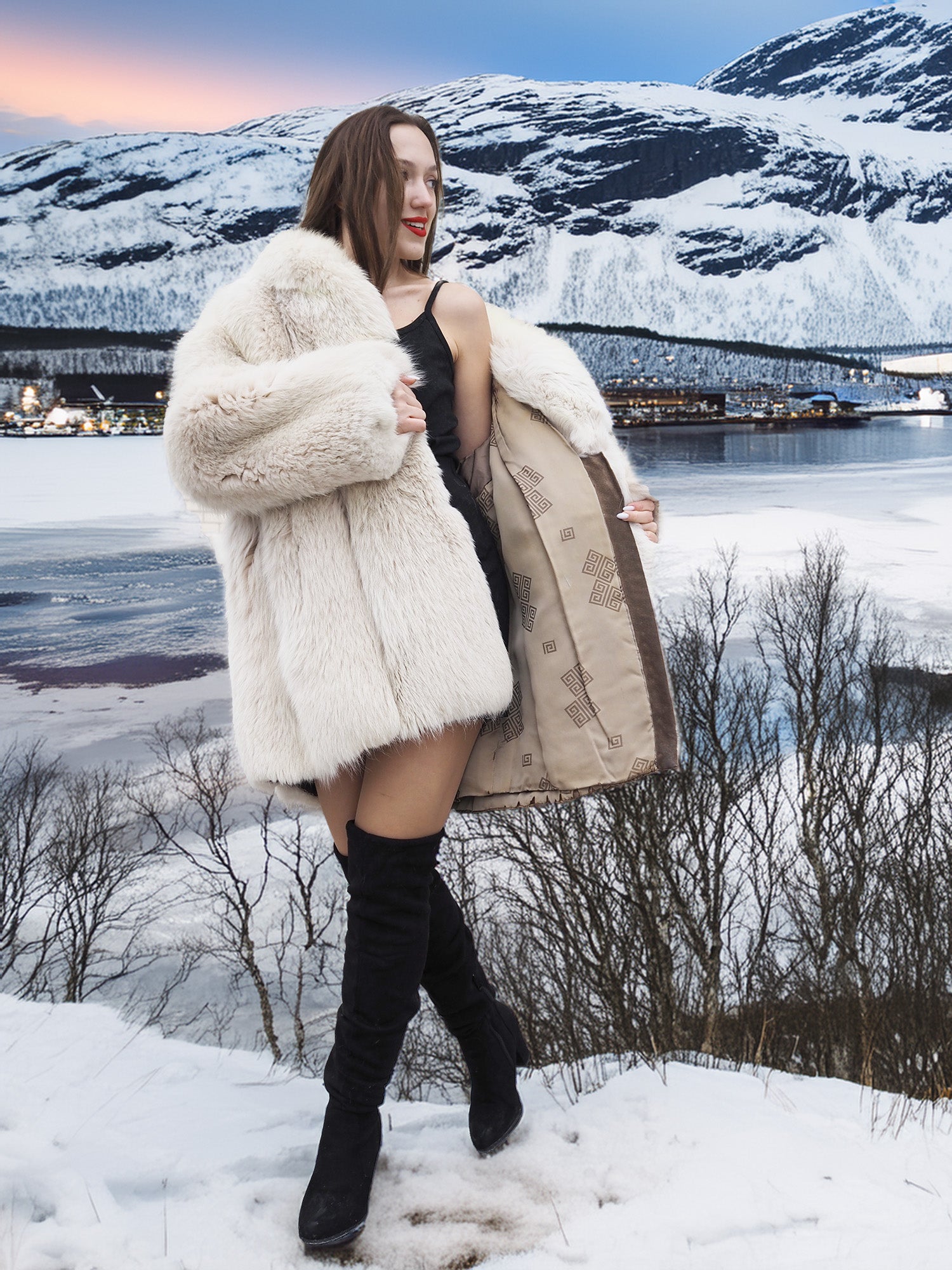 Model opening Soft Plush Blush Fox Jacket S/M to show interior satin lining, highlighting coat’s luxury and winter fashion appeal.