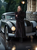 Woman in a fur coat standing next to a vintage car on a rainy day.