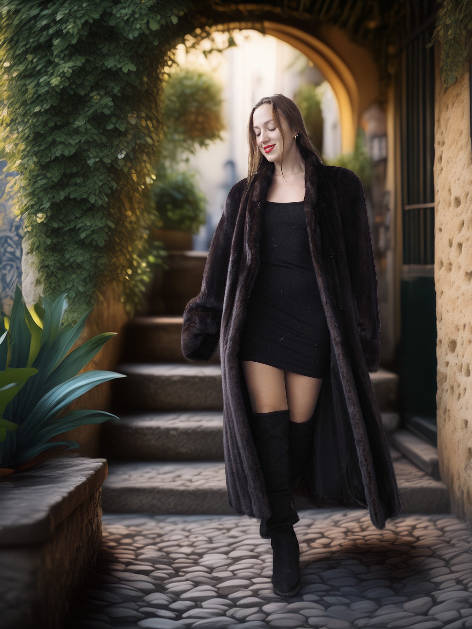 Woman in a long dark coat walking through an archway with plants on either side.