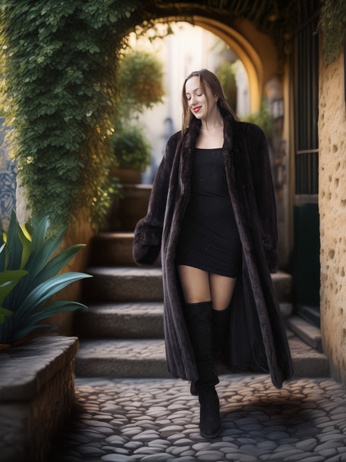 Woman in a long dark coat walking through an archway with plants on either side.