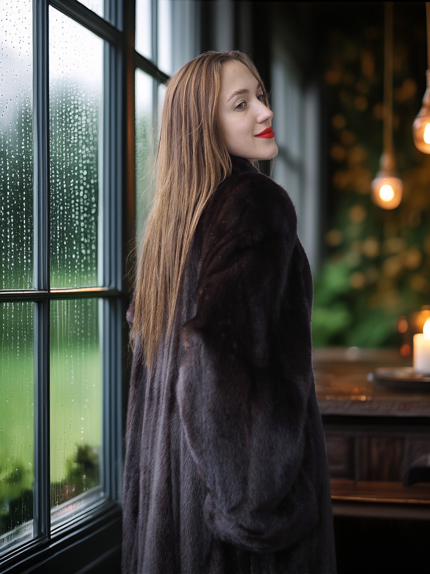 Woman in a dark coat standing by a window with rain outside