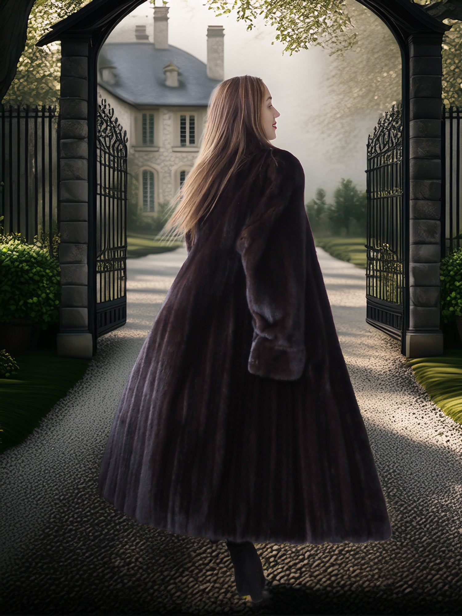 Woman in a long coat walking towards a grand house through an archway.
