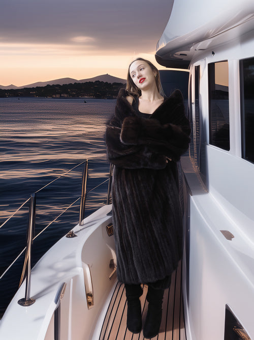 Woman in a fur coat standing on a yacht at sunset with water and mountains in the background