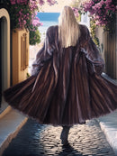 Person wearing a fur coat standing in front of a door with flowers.