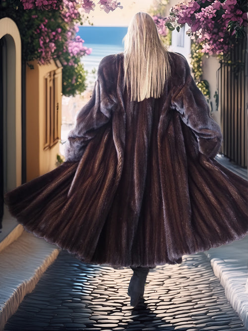 Person wearing a fur coat standing in front of a door with flowers.