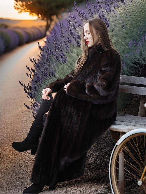 Woman in a long dark coat sitting on a bench with lavender plants in the background.