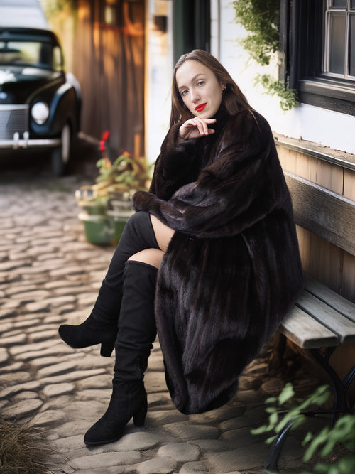 Woman in a fur coat sitting on a bench outdoors with a vintage car in the background.