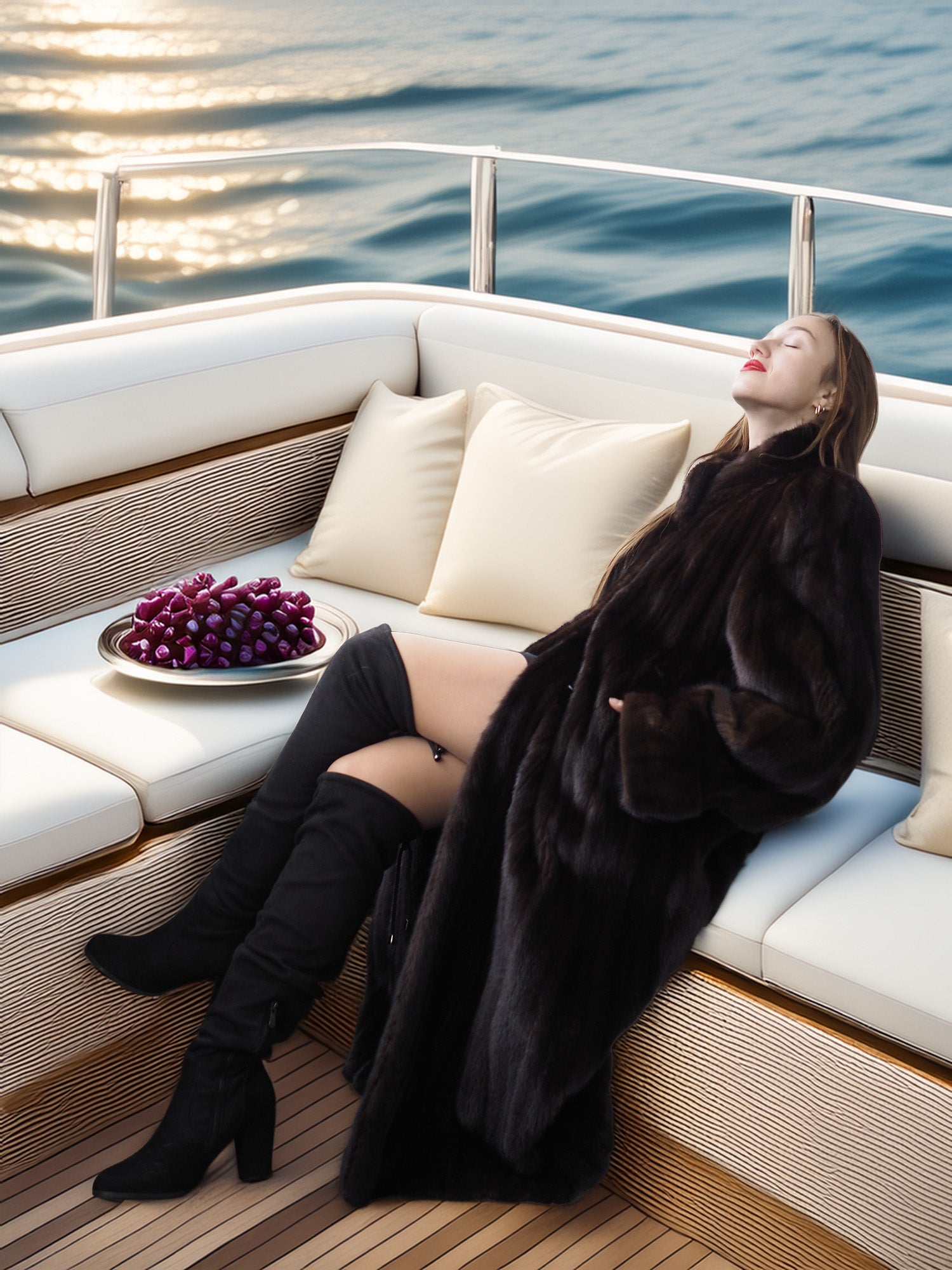 Woman in a fur coat and knee-high boots sitting on a boat with a plate of grapes.