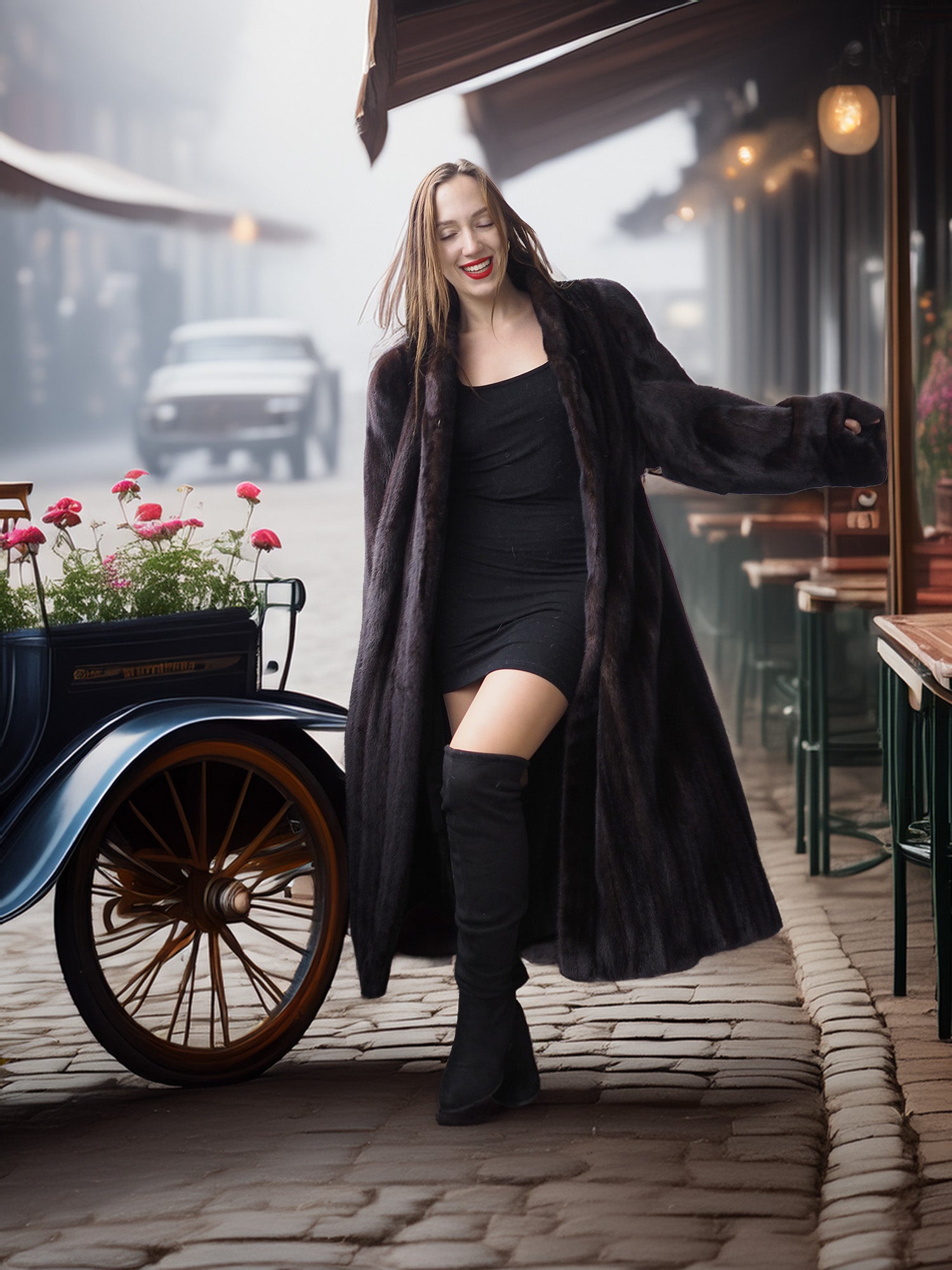 Woman in a long coat and black outfit standing in front of a vintage car on a street.
