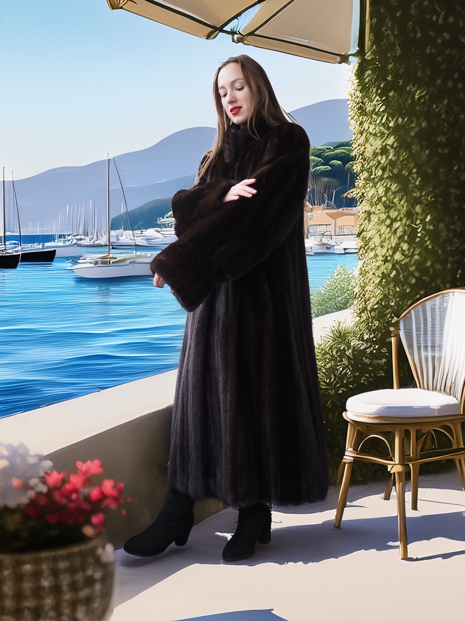 Woman in a long coat standing by a waterfront with sailboats and mountains in the background.