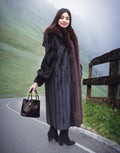 Dark Ranch Mahogany Mink Fur Coat With Brown Fox Trim Detachable Hood M/L