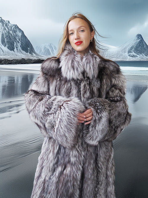 Woman wearing a fur coat with a mountainous landscape in the background